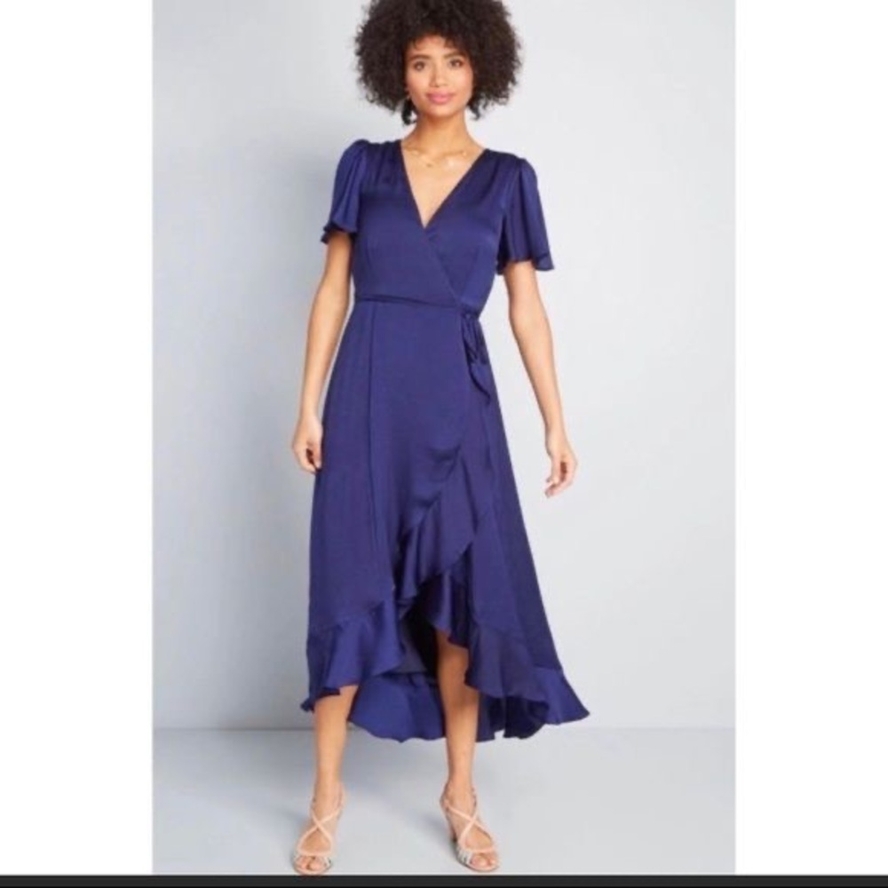 Nicole Miller Navy Blue Satin Faux Wrap High Low Maxi Dress Belted Flutter Sz S